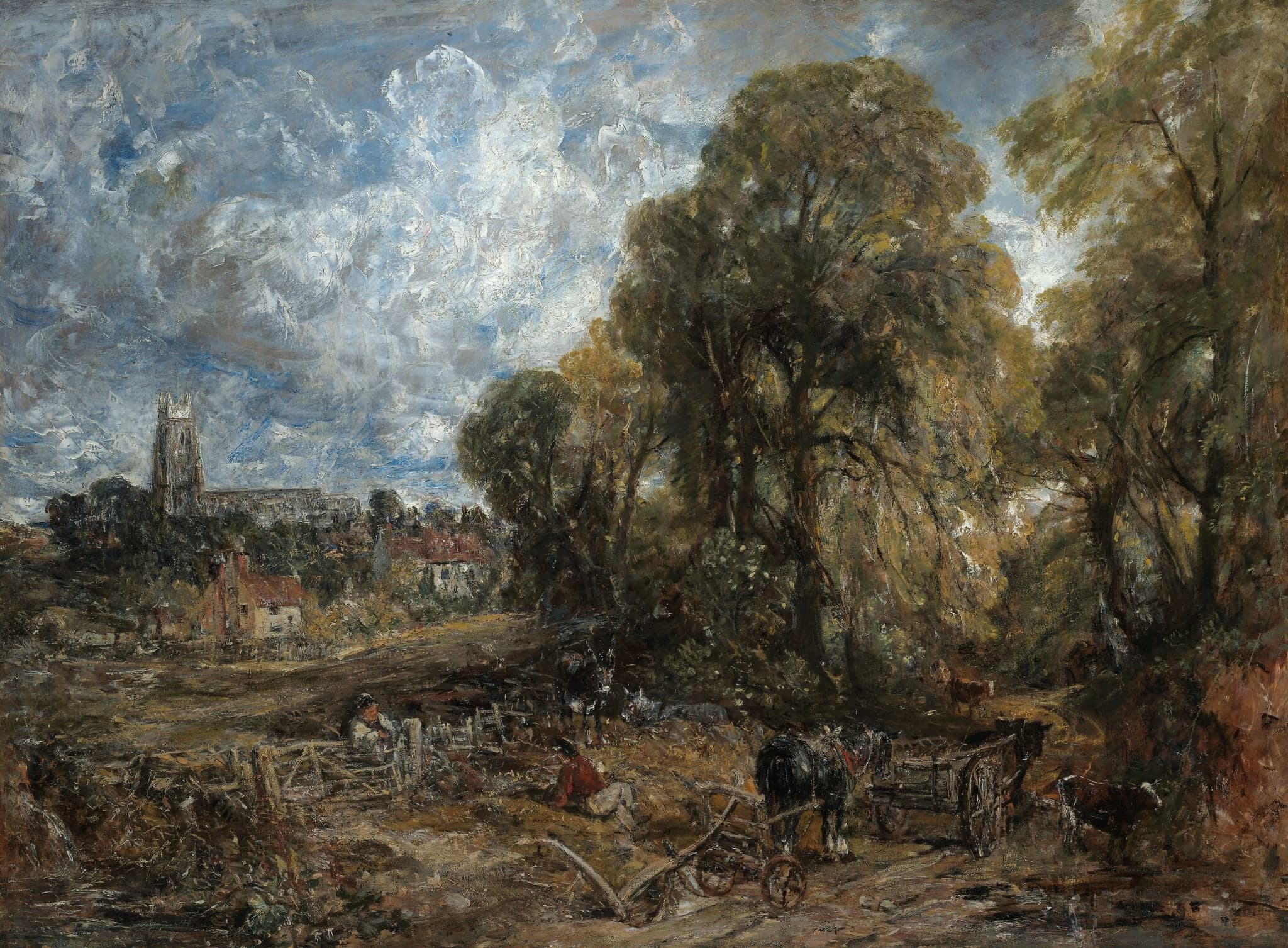 Large English country landscape painting, farmers with horses, green trees.